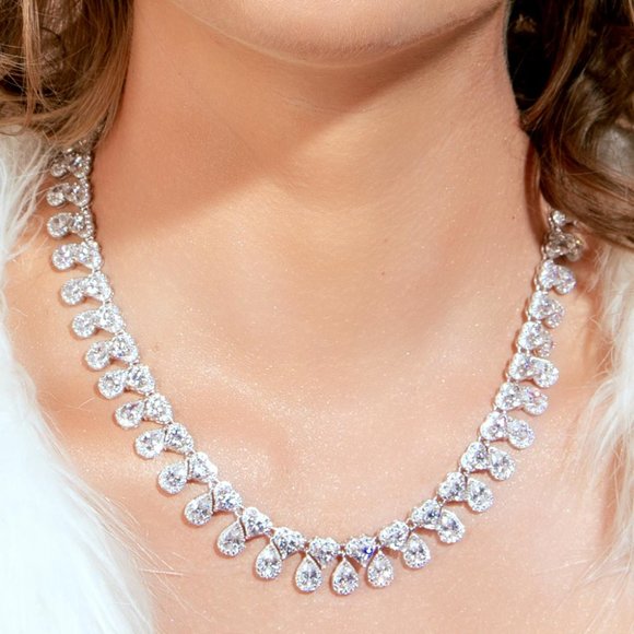Rhodium Plated 925 Sterling Silver Teardrop Heart CZ Tennis Necklace